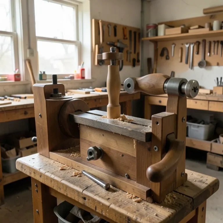 wood lathe with a wood spindle mounted between centers in a woodworking shop