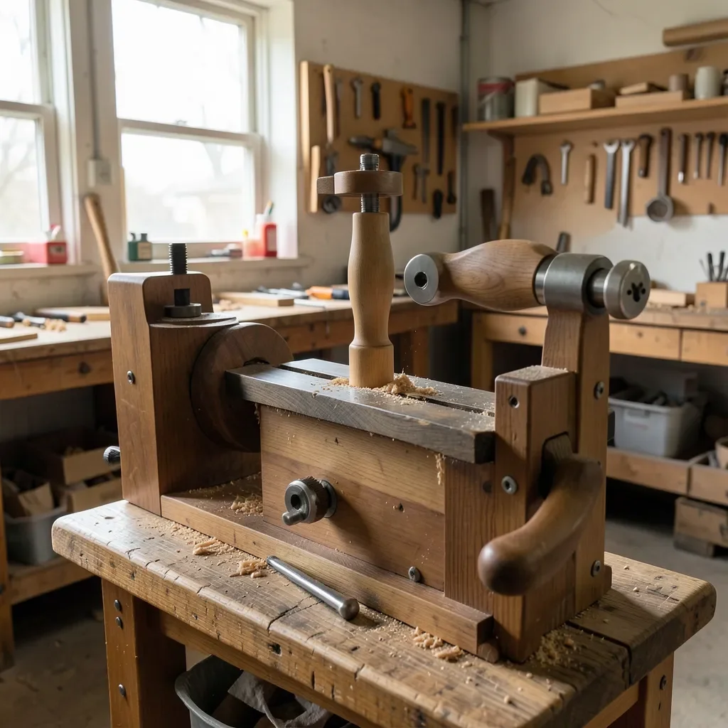 wood lathe with a wood spindle mounted between centers in a woodworking shop