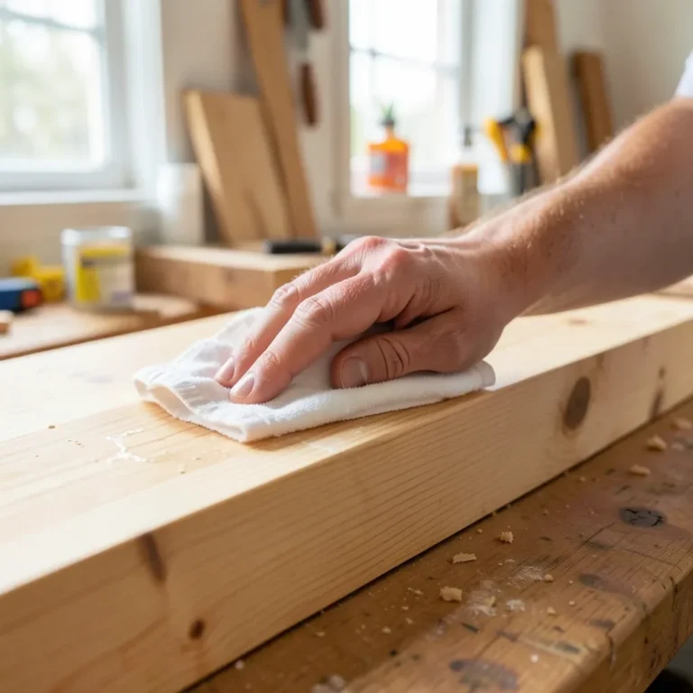 Wiping excess pre-stain wood conditioner off a pine board with a cloth