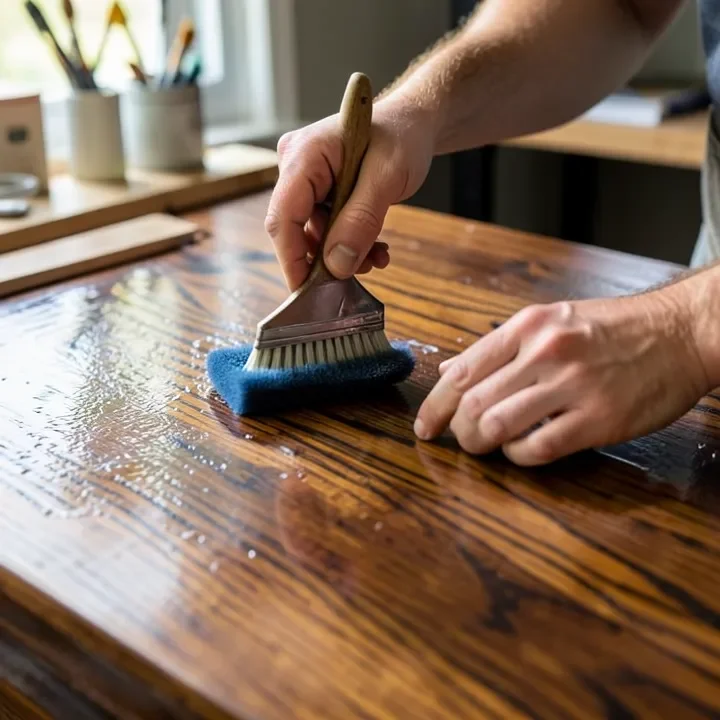 Foam brush applying clear polyurethane topcoat over stained wood