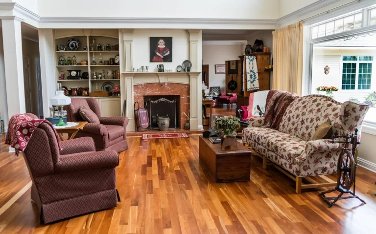 Wide plank hardwood floor in a traditional American living room