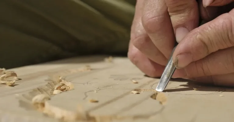 Hand guiding a small carving gouge along a pencil line on a pale wood board