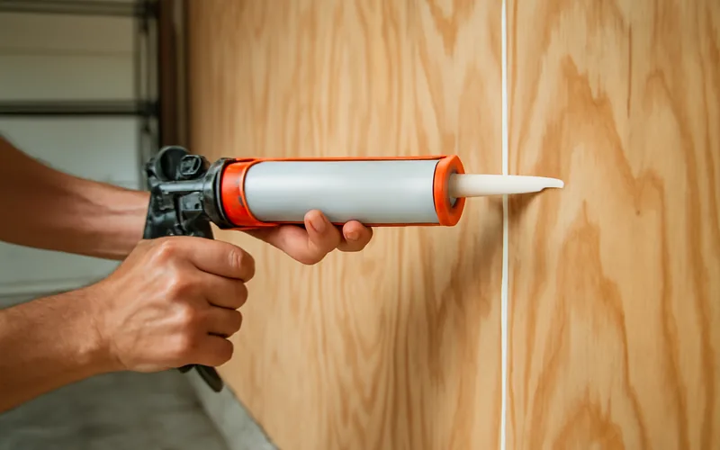 Caulking gun sealing a seam between two plywood wall panels