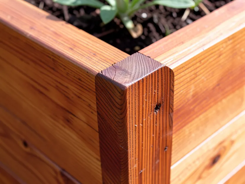 Close-up of a cedar wood planter box corner joint showing natural rot-resistant grain