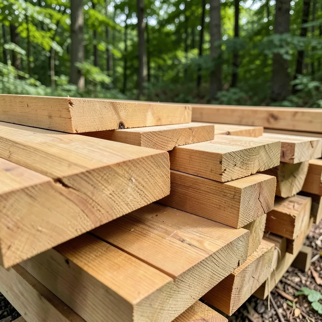 Natural cedar wood planks stacked outdoors near a forest