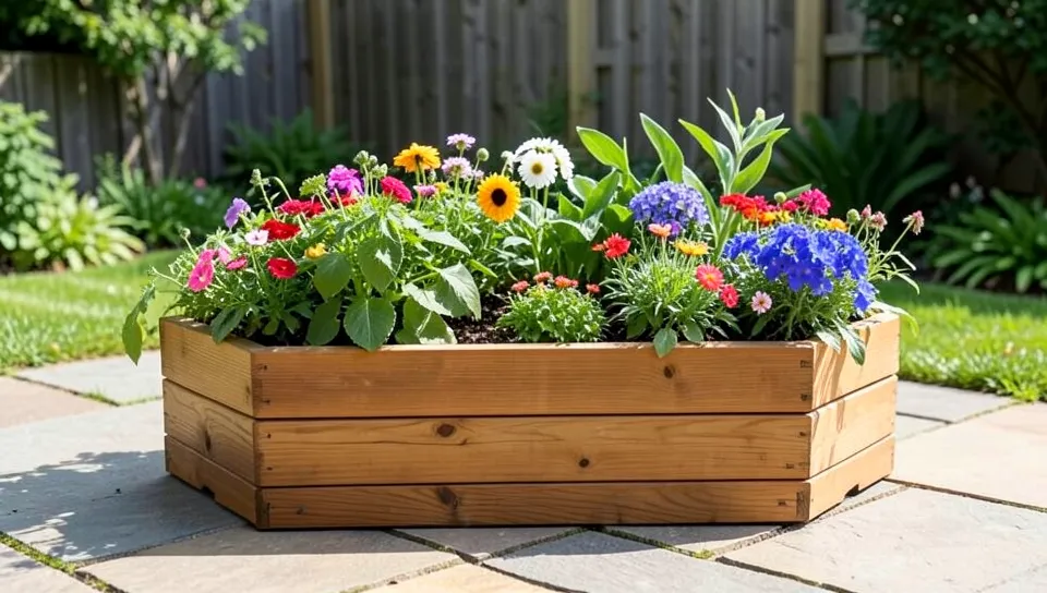 Wooden cedar planter box filled with flowers and vegetables on an outdoor patio