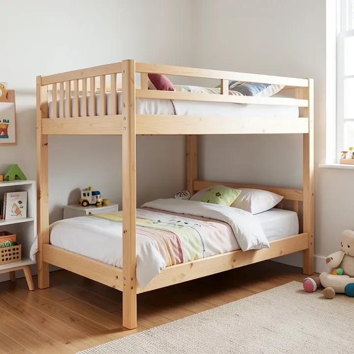Pine wooden bunk bed with guardrail on the top bunk