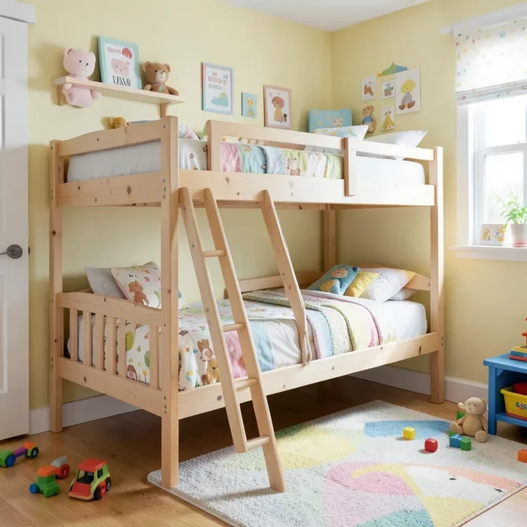Pine wooden bunk bed with ladder in a kids bedroom