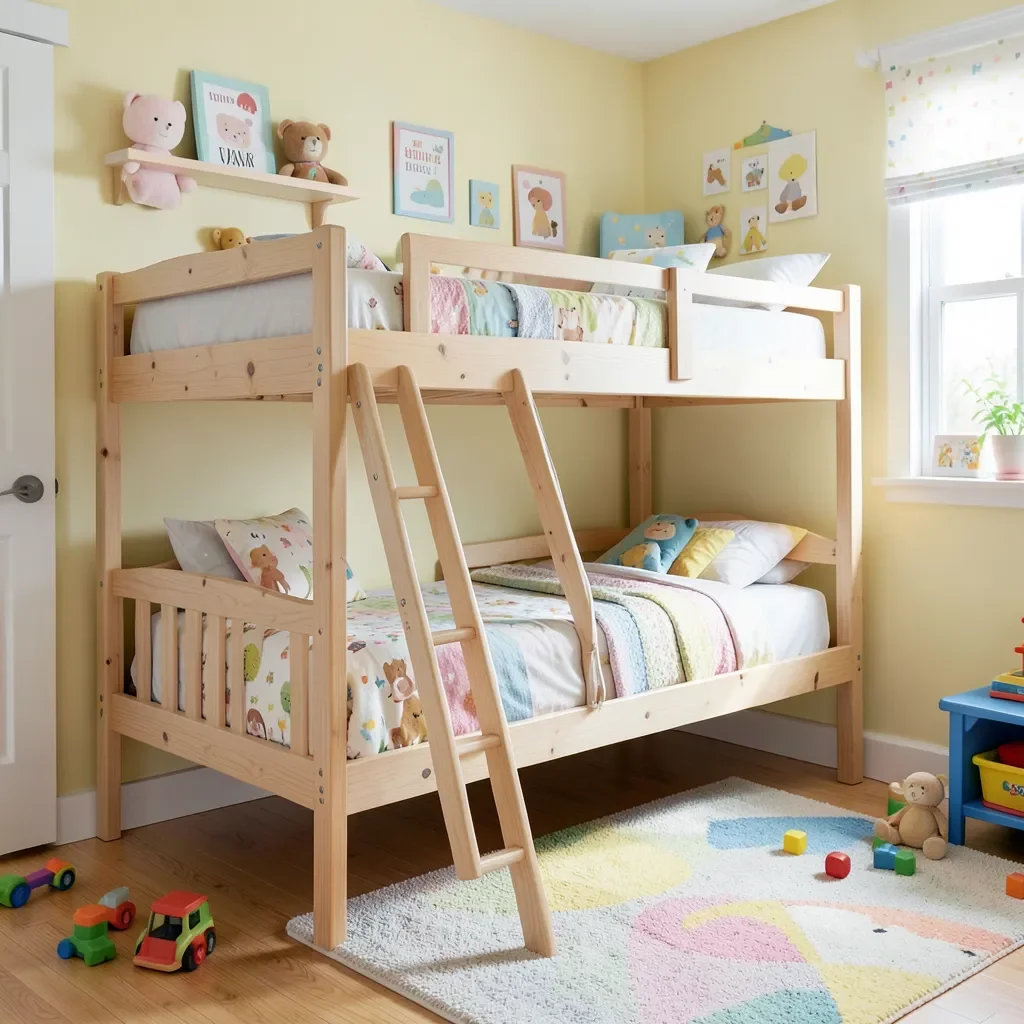 Pine wooden bunk bed with ladder in a kids bedroom