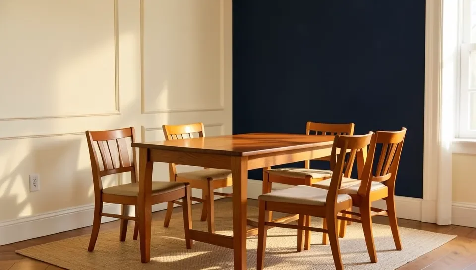 Cherry wood dining table and chairs with a navy blue accent wall and cream walls