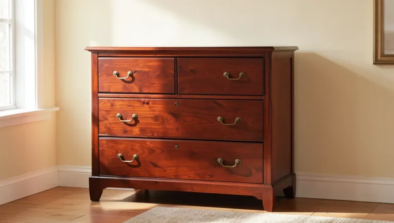 Cherry wood dresser with brass hardware against a warm cream wall