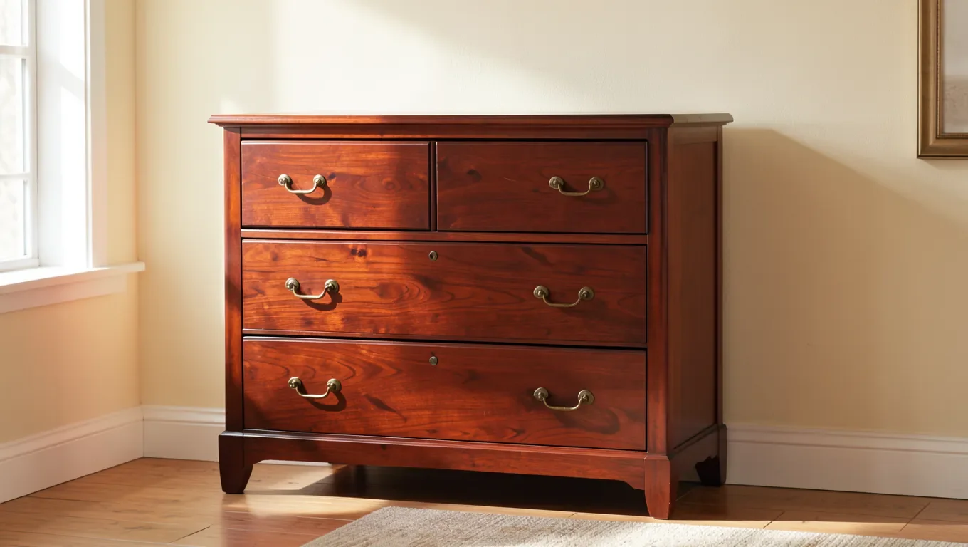 Cherry wood dresser with brass hardware against a warm cream wall