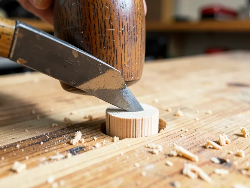 Chisel and mallet cracking a stuck wooden plug out of a furniture screw hole