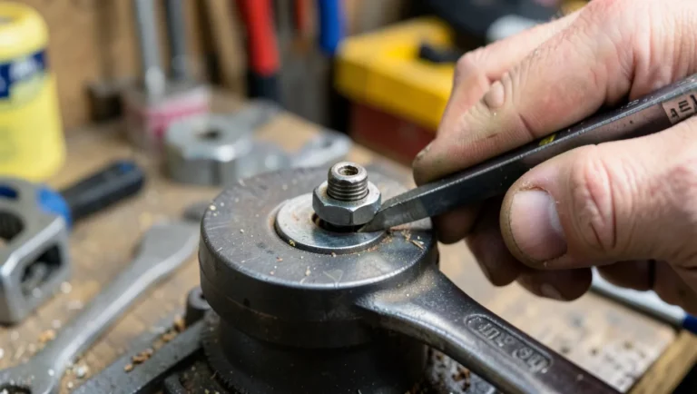 Mechanic using a wrench to loosen a circular saw arbor bolt