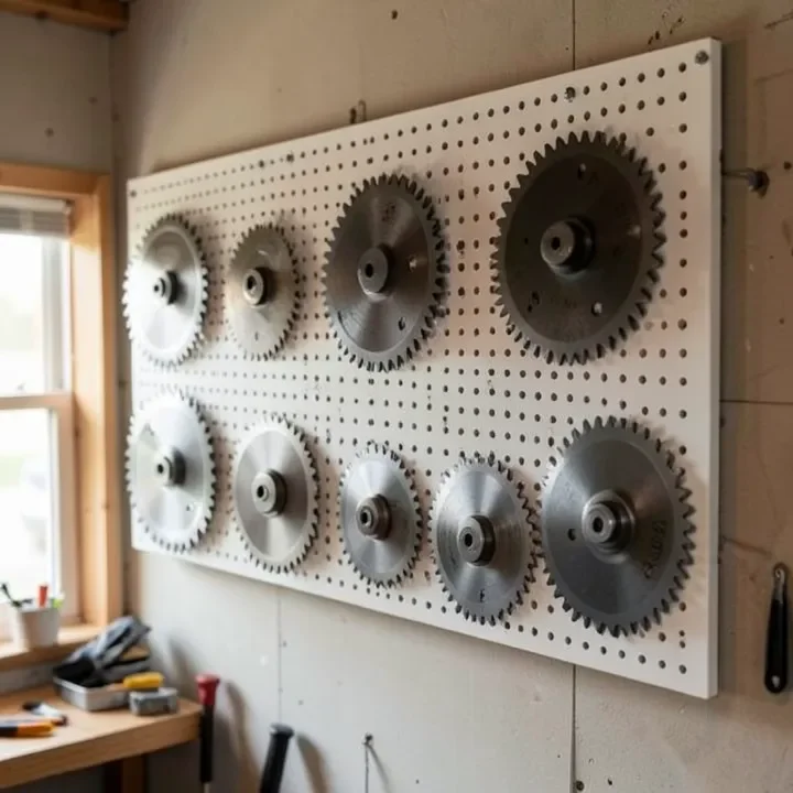 circular saw blades hanging organized on a wall-mounted pegboard rack