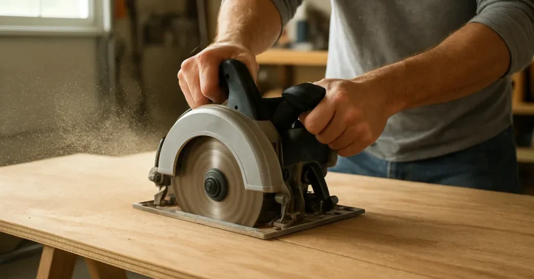 Handheld circular saw cutting a plywood sheet on sawhorses, releasing a fan of fine sawdust