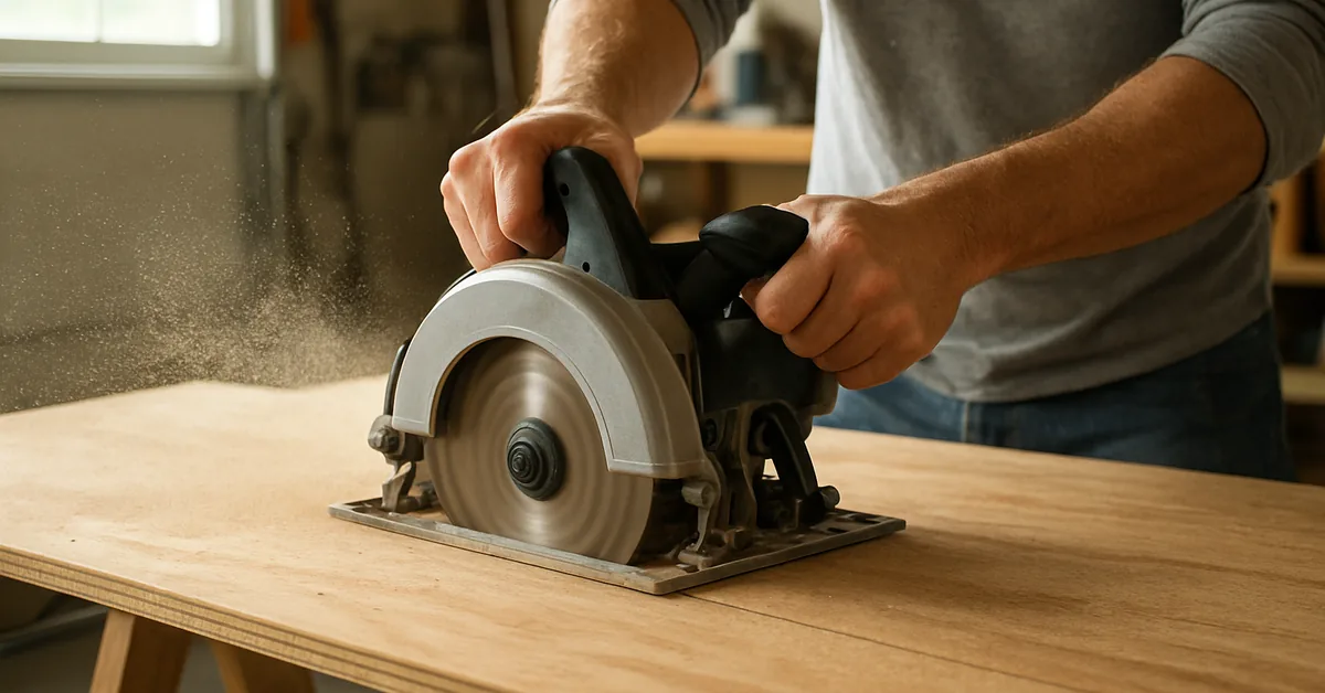 Handheld circular saw cutting a plywood sheet on sawhorses, releasing a fan of fine sawdust