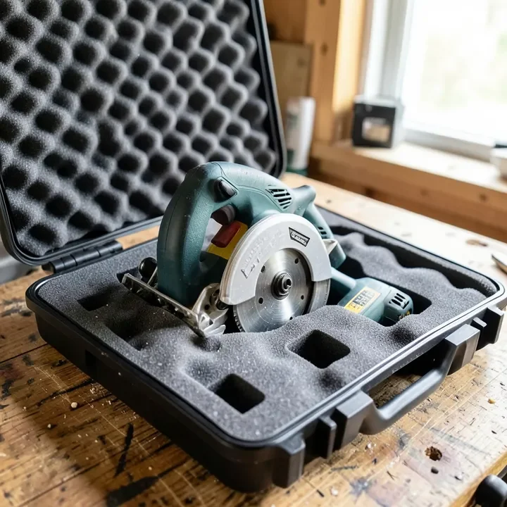 cordless circular saw stored inside a padded hard tool case cordless circular saw stored inside a padded hard tool case