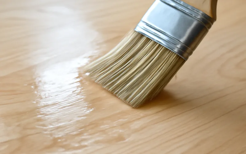Clear water-based finish being brushed onto light-colored wood, drying without an amber tint