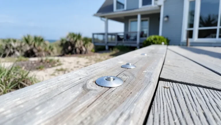 Composite deck close-up with stainless steel fasteners at a coastal home