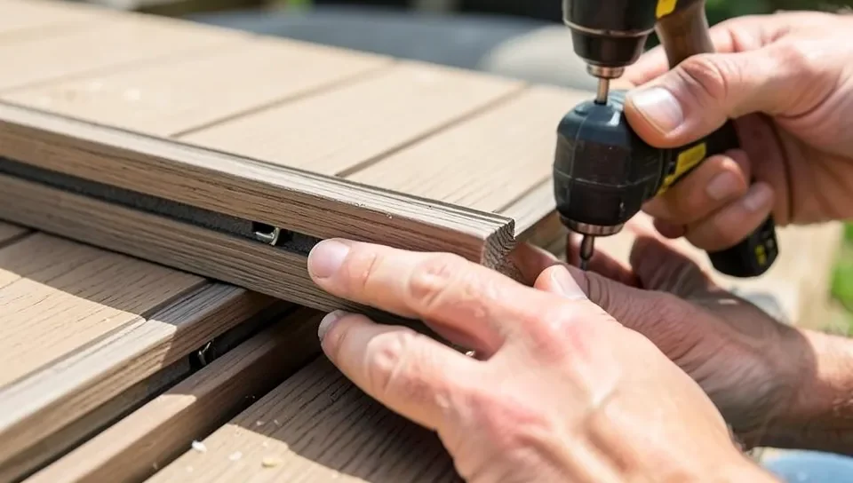 Composite decking boards being installed with hidden fastener clips