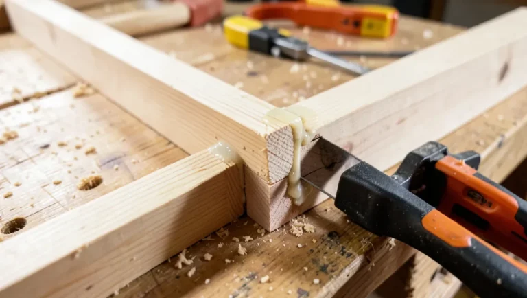 Three wooden boards clamped together during a woodworking joinery project