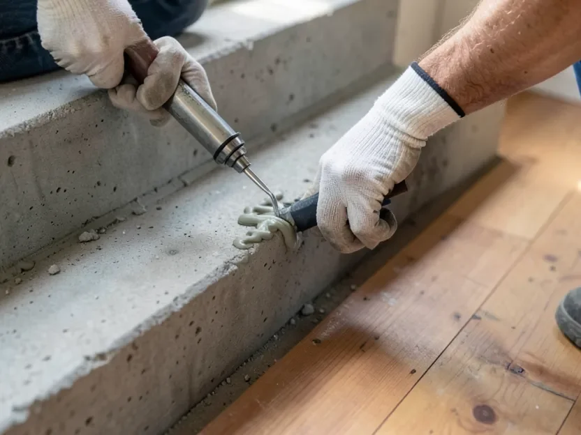 Applying construction adhesive to a concrete stair tread before setting wood flooring