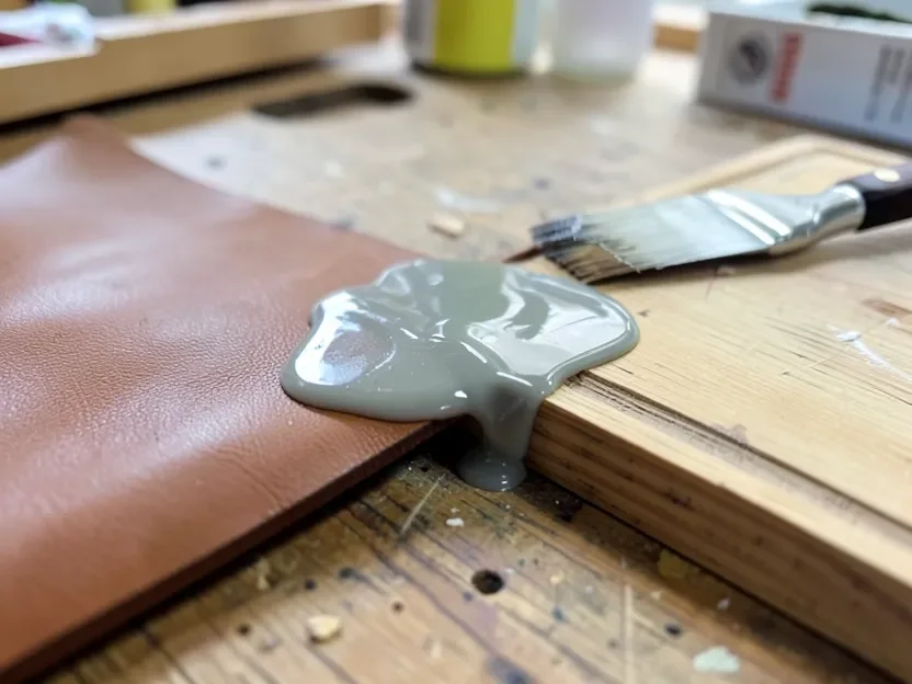 Contact cement adhesive applied to both the leather and wood surfaces before joining