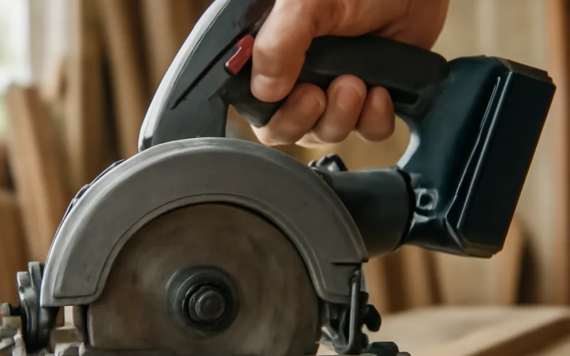 carpenter holding a cordless circular saw with a folded metal rafter hook visible on the body carpenter holding a cordless circular saw with a folded metal rafter hook visible on the body