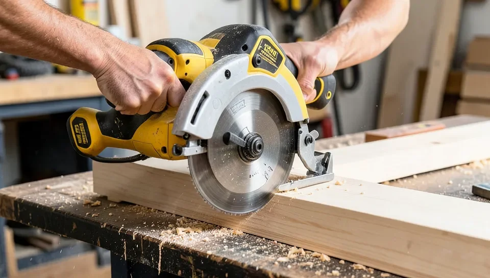 Cordless circular saw cutting a wood board
