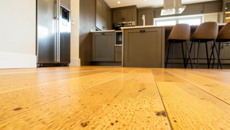 Natural cork flooring installed in a modern kitchen with honey tone