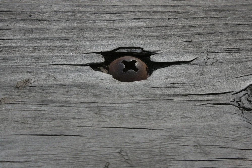 Corroded screw head in weathered gray wood with a dark stain forming around it