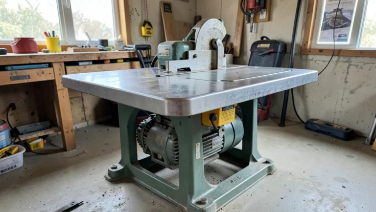 An older belt-drive contractor style table saw in a home garage workshop