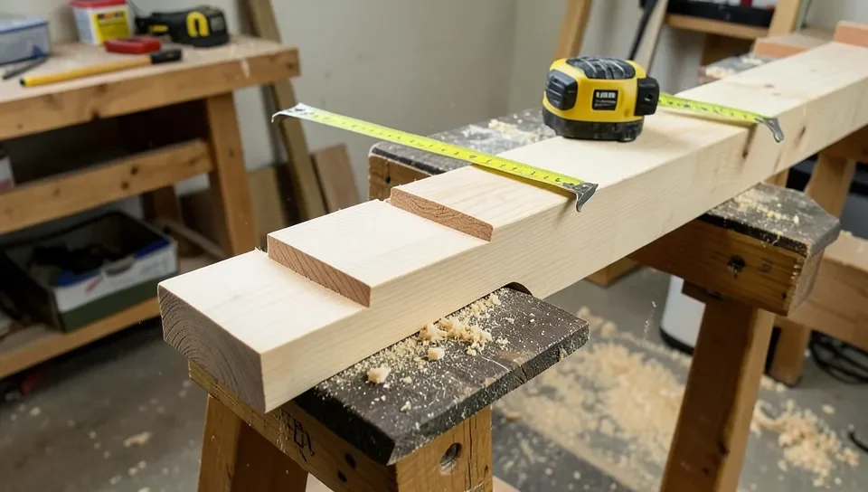 Wood stair stringer with notches being cut on sawhorses, tape measure on top