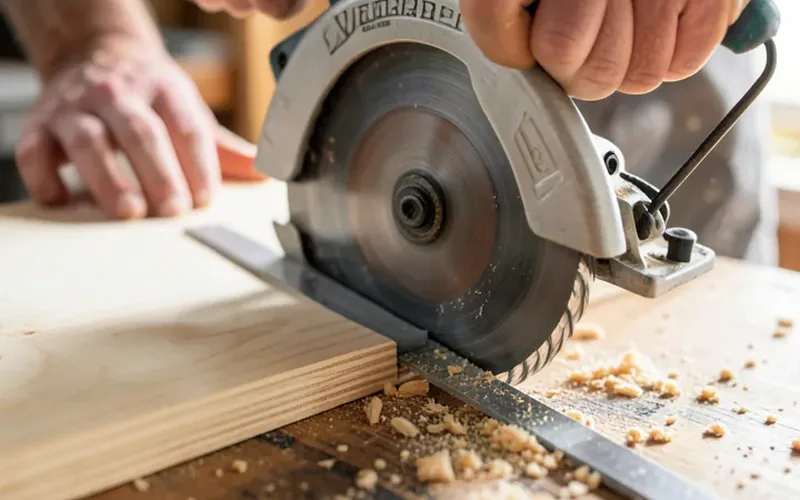 Carpenter cutting a plywood sheet with a circular saw guided by a straightedge