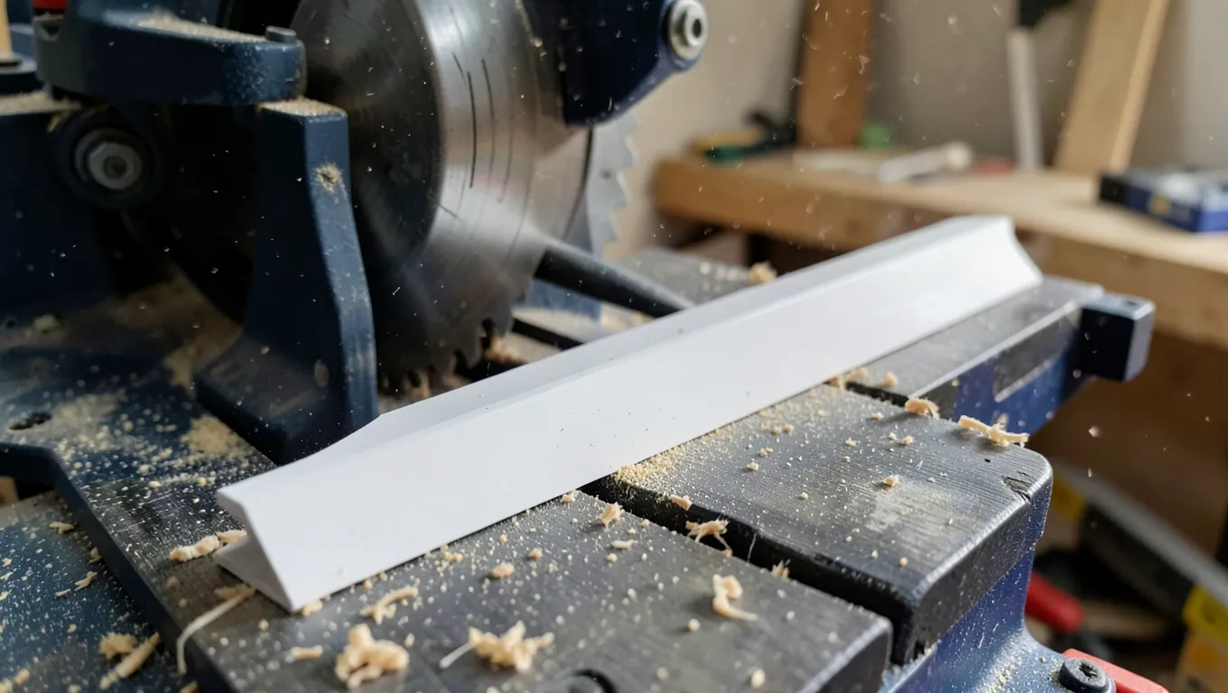Quarter round trim molding being cut at a precise angle on a compound miter saw