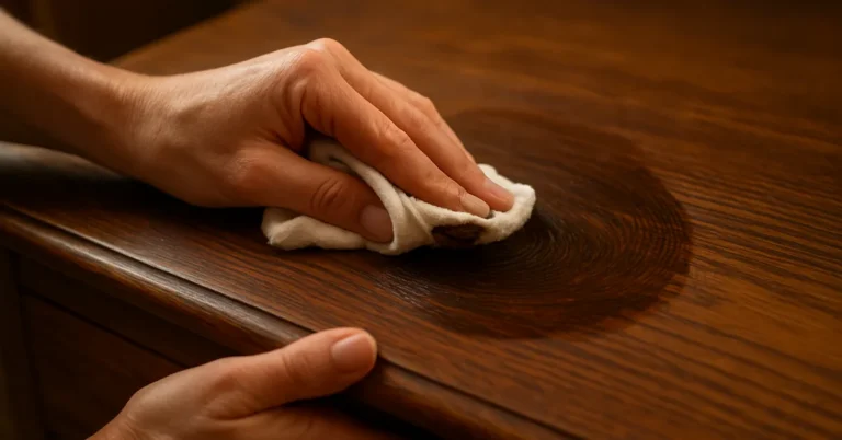 hands rubbing dark paste wax into a wood dresser surface with a soft cloth
