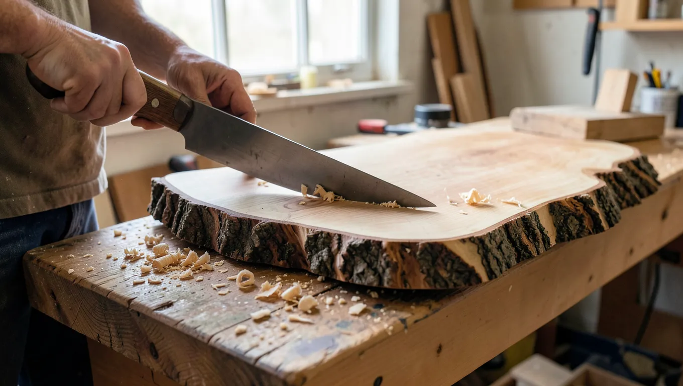 Woodworker using a curved drawknife to strip bark from a live edge wood slab