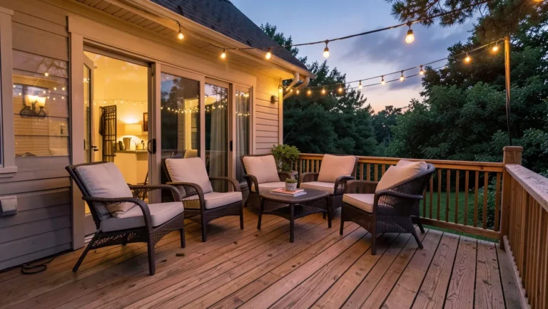 Wood deck with outdoor furniture and string lights in the evening