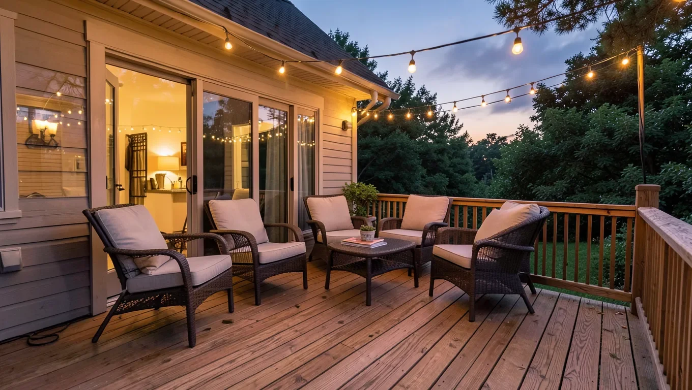Wood deck with outdoor furniture and string lights in the evening