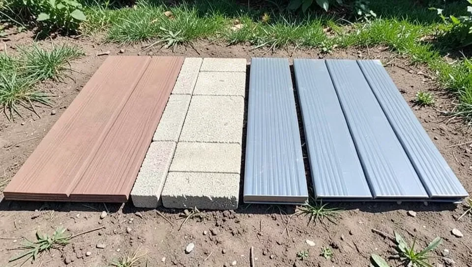 Composite, concrete, and metal decking material samples compared side by side