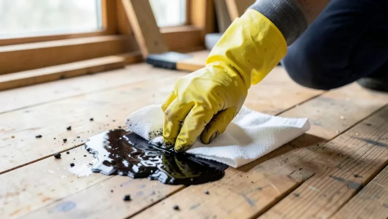 gloved hands blotting a diesel fuel spill off a wood floor with paper towels
