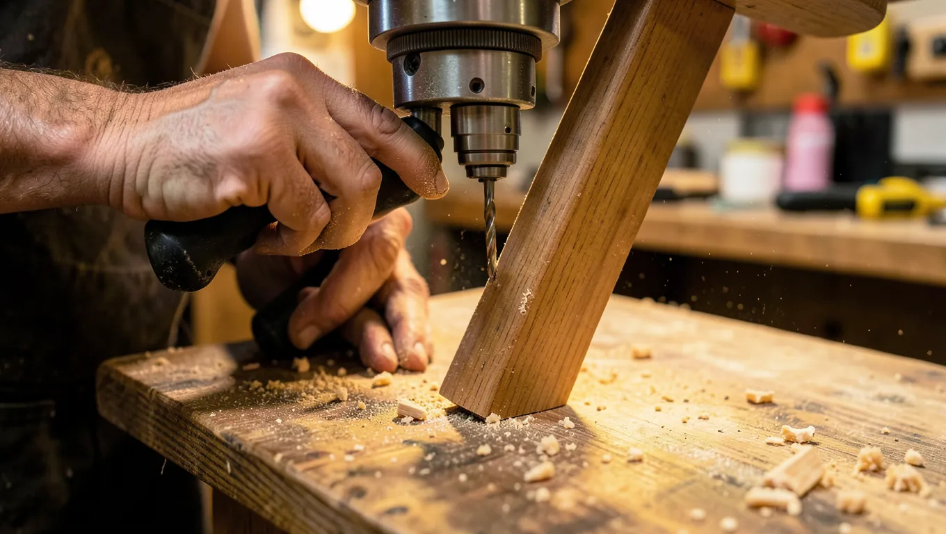 Woodworker drilling a pocket-hole joint into a dining chair leg with a pocket-hole jig