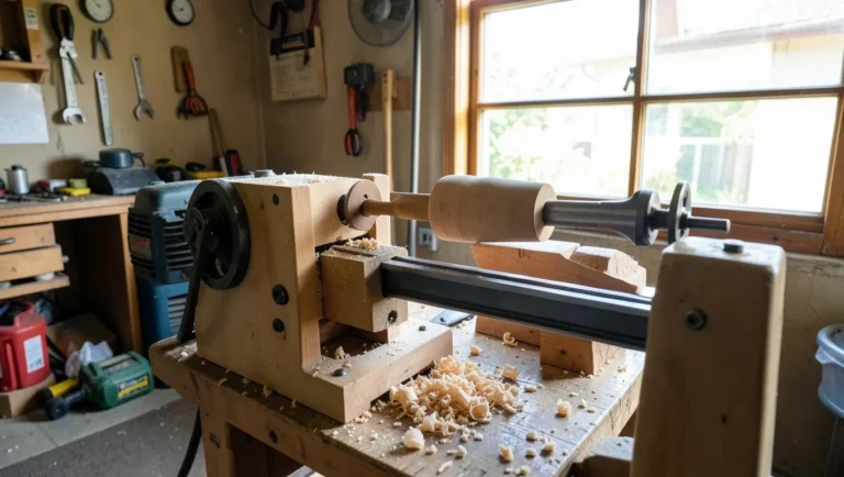 Homemade wood lathe with motor and pulley belt turning a wood spindle blank in a garage workshop