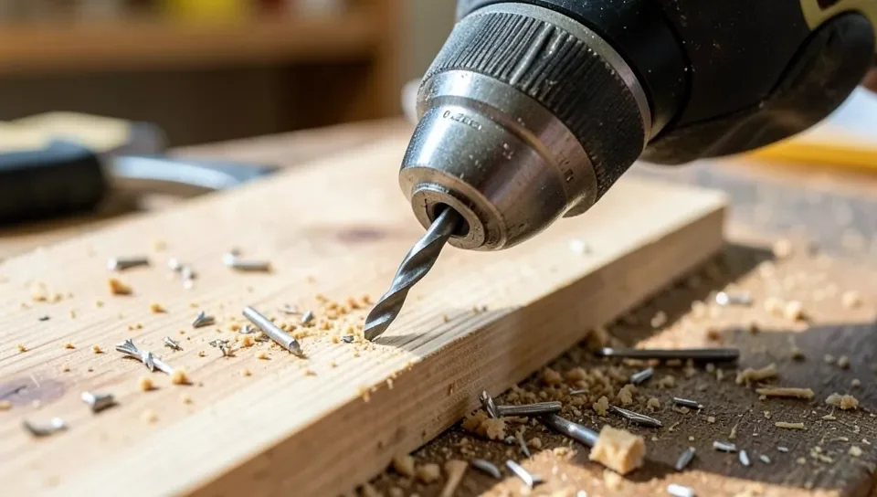Drilling out a nail that has snapped off flush with the wood surface