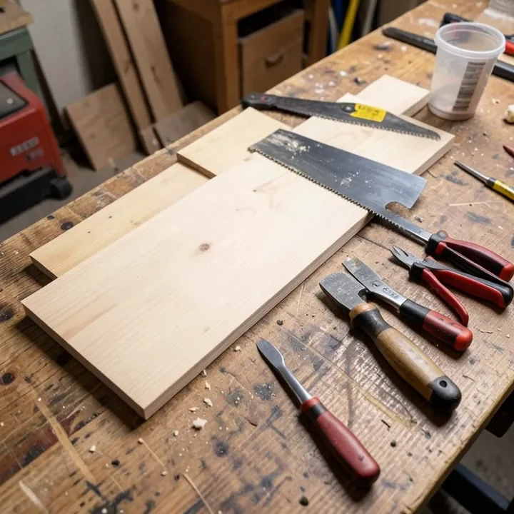 Basic woodworking tools and pine boards laid out for a student project