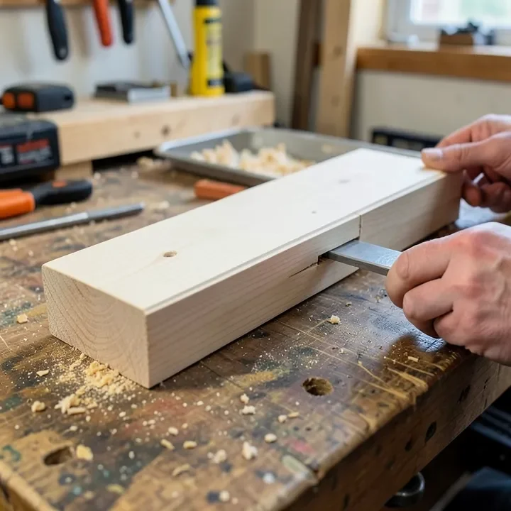 Simple wooden shelf with a lap joint being clamped during assembly