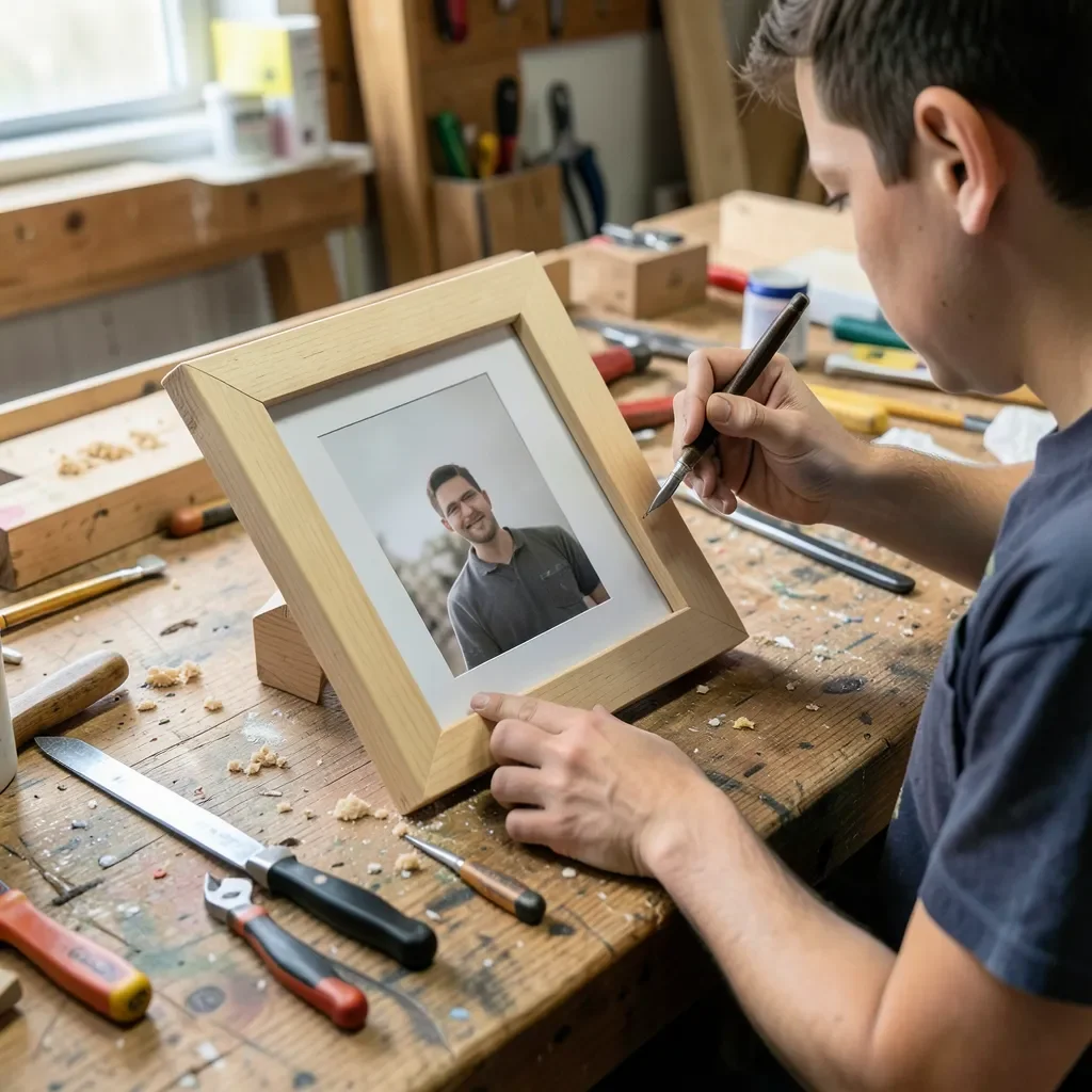 Student building a simple wooden photo frame with basic hand tools