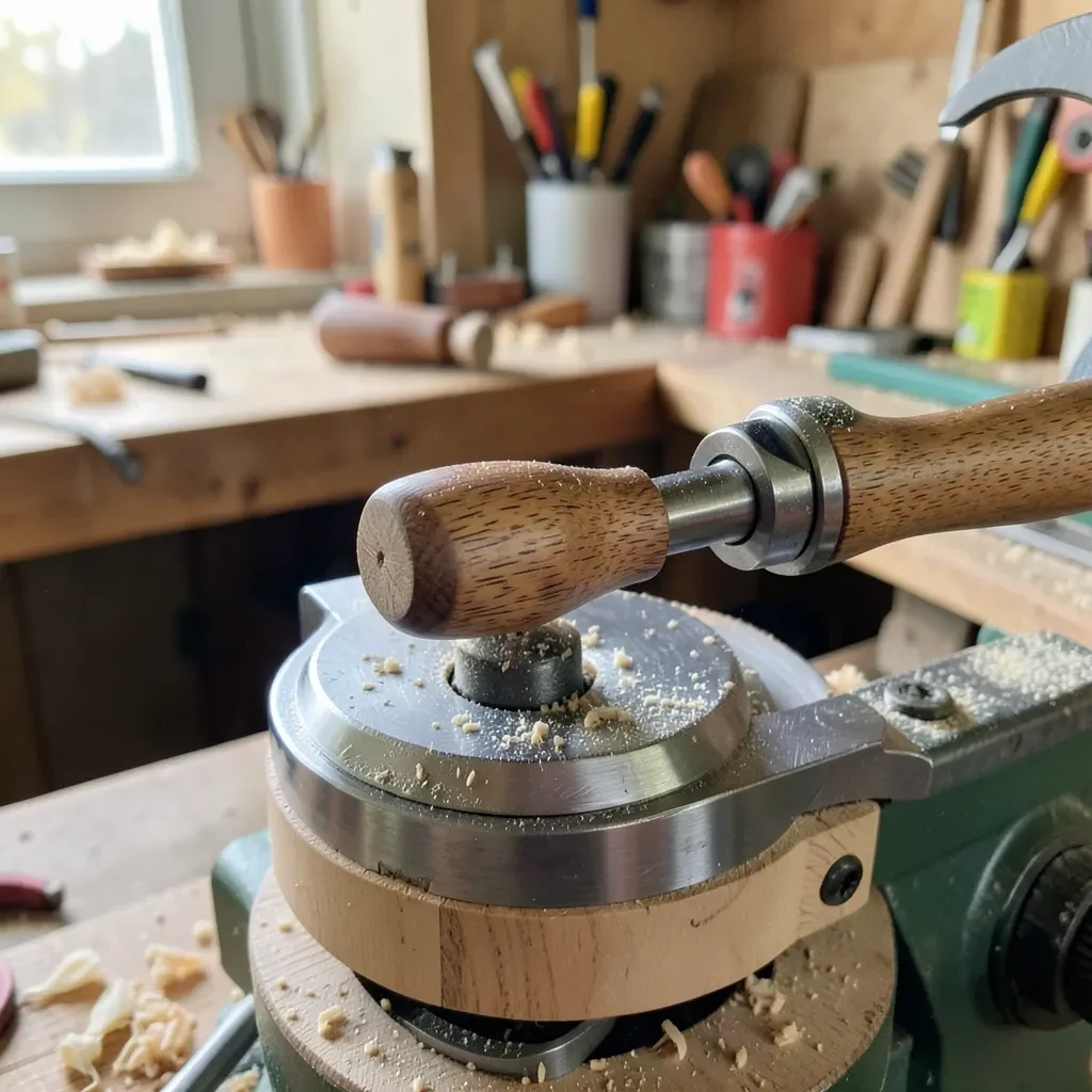 Carbide-tipped woodturning lathe tool with maple handle resting on a lathe tool rest