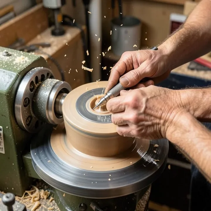 Woodturner's hands guiding a carbide lathe tool against a spinning wood bowl blank